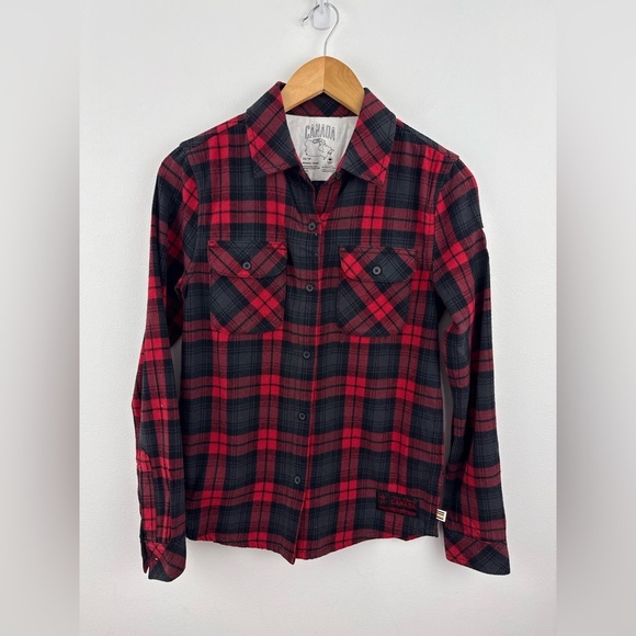 HBC Team Canada Red and Black Plaid Button-Down cotton flannel Shirt size XS - Picture 7 of 9